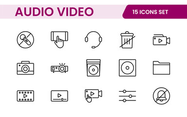 Audio Video Icons Pack. Thin line icons set. Flat icon collection set. Simple outline icons.