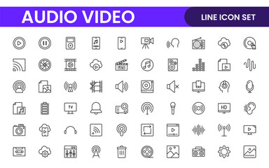 Audio Video Icons Pack. Thin line icons set. Flat icon collection set. Simple outline icons.