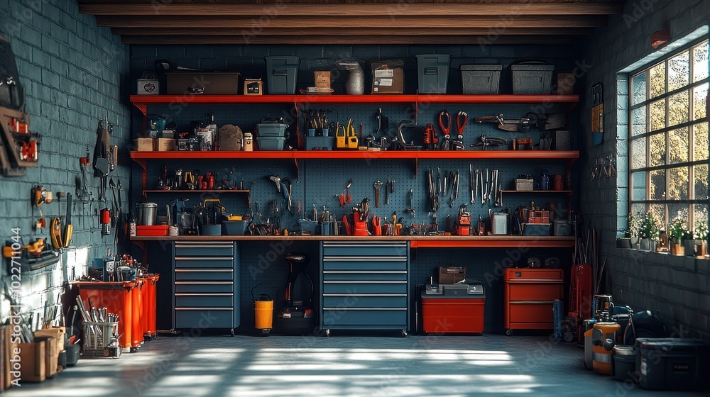 Aufkleber organized workshop with tools and storage for diy projects.