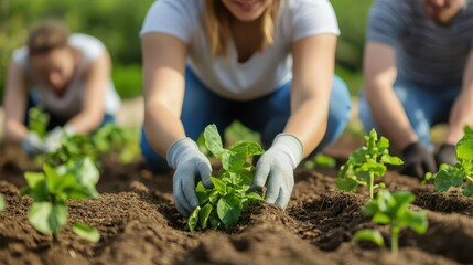 A group of individuals planting seedlings in fertile soil, showcasing teamwork and the joy of gardening in a lush environment.