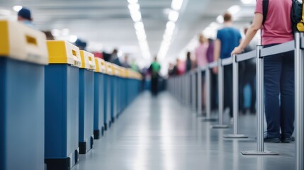 Obraz premium A busy airport terminal showing passengers waiting in line, creating a sense of travel anticipation and excitement.