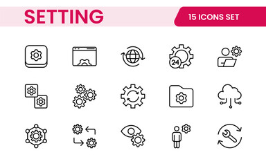 Settings, icon set. Containing options, configuration, preferences, adjustments, operation, gear, control panel, equalizer, management, optimization and productivity icons.