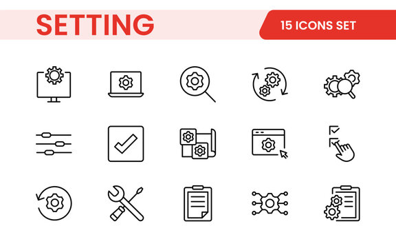 Settings, icon set. Containing options, configuration, preferences, adjustments, operation, gear, control panel, equalizer, management, optimization and productivity icons.