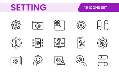 Settings, icon set. Containing options, configuration, preferences, adjustments, operation, gear, control panel, equalizer, management, optimization and productivity icons.