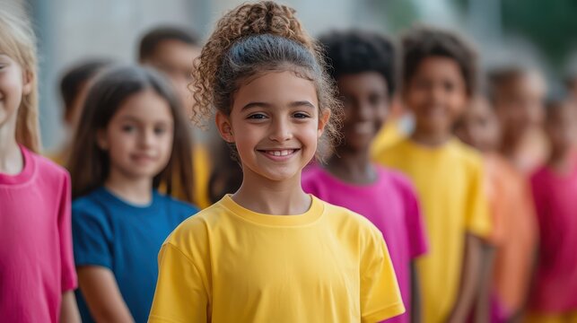 A cheerful girl stands in front of a group, showcasing friendship and diversity in vibrant, colorful shirts. - Powered by Adobe