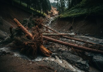 Fototapeta premium Forest landslide with fallen trees and eroded riverbed in a dense woodland