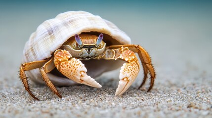 A close-up of a hermit crab peeking out of its shell on a sandy beach, showcasing its unique features and vibrant colors.