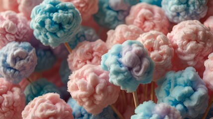 Obraz premium dreamy swirls of pastel cotton candy on sticks their soft pink and blue hues blending together against a light airy background evoking a sense of nostalgia and sweetness.