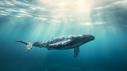 Naklejka premium A humpback whale swims gracefully through the deep blue ocean, with sun rays shining down from above.