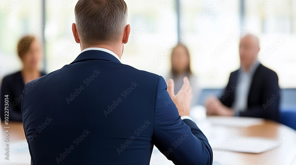 Wall mural businessman leading a team meeting talking to work colleagues in office conference room