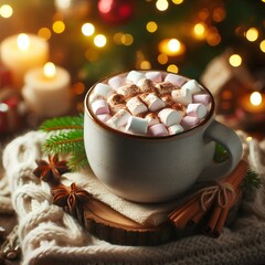 cozy mug of hot cocoa with marshmallows and blurred christmas lights background.