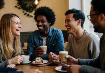 Joyful friends sharing laughter and coffee in a cozy cafe setting