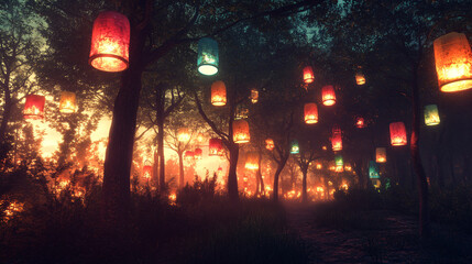 Mystical Forest Path with Glowing Lanterns at Night