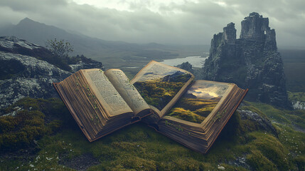 Open Book With Mountain Landscape View