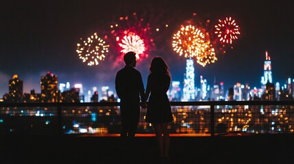 Fototapeta premium Romantic Couple Watching Fireworks from Rooftop View