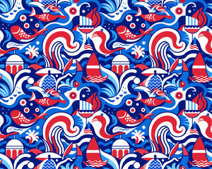 An abstract pattern icon flat illustration featuring a bold color palette of blue and white. The design include stylized ocean waves, marine life.