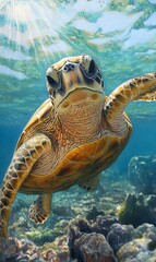 Obraz premium Sea turtle swimming over coral reef.