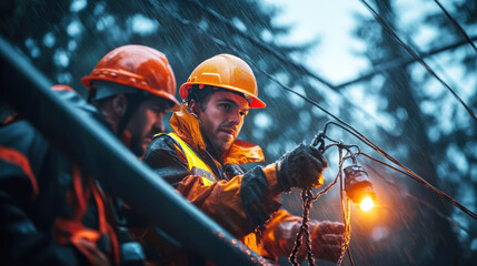 Fototapeta premium Team of electricians working outdoors in rainy conditions at dusk