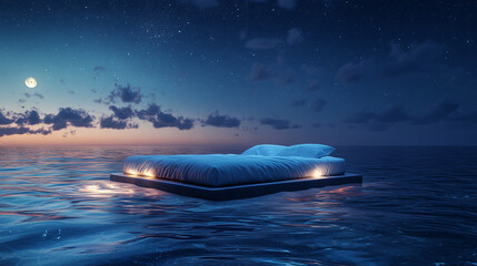 Surreal Floating Bed In The Ocean At Night