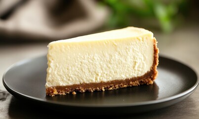 A slice of cheesecake on a black plate
