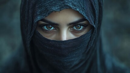 Fototapeta premium Close-up portrait of a woman with intense eyes looking directly at the camera, her face partially covered by a dark headscarf.