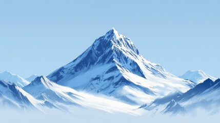 A single, sharply defined mountain peak rises against a clear blue sky, dusted with pristine snow. The simplicity of the scene evokes tranquility and majesty