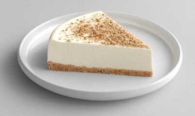 A slice of cheesecake with a crumbly topping sits on a white plate