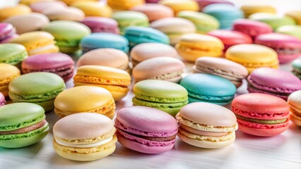 Obraz premium Colorful French Macarons on White Background - Delicious Dessert Photography for Sweet Treats Lovers