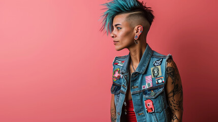 Stylish individual with blue hair and tattoos posing against a coral background