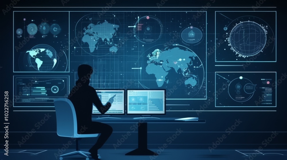 Aufkleber a man is sitting at a desk with two computer monitors in front of him