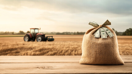 A burlap sack filled with cash on a wooden surface with a blurred tractor in a field background, representing agricultural income or investment in farming.