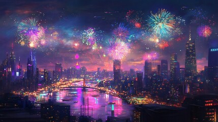 Obraz premium Colorful Cityscape with Fireworks on New Year's Eve