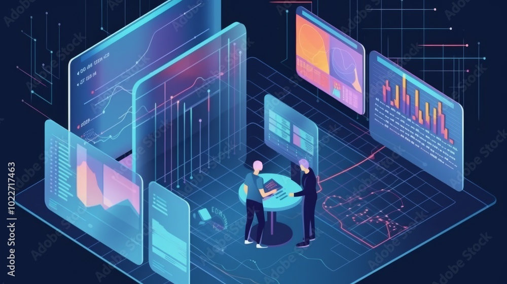 Poster a man and a woman are standing at a table in front of a computer monitor