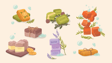 Bar of soap with foam set in cartoon style. Cosmetic product for hygienic