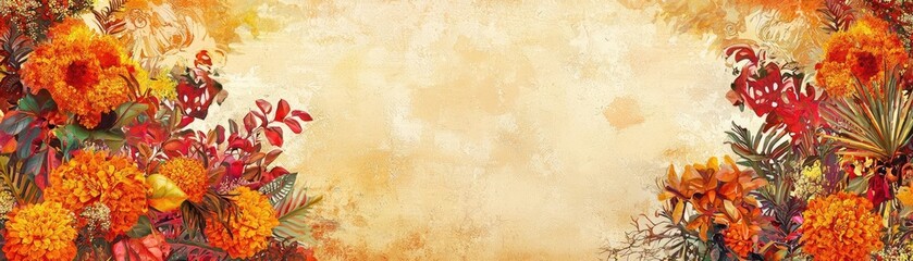 Vibrant autumn flowers frame a textured background, perfect for seasonal designs, invitations, and artistic projects.