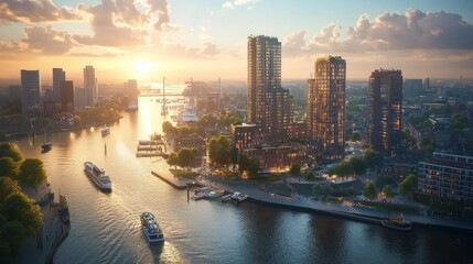 Fototapeta premium An aerial view of a modern cityscape with a river running through it, during sunset. The sky is a vibrant orange and pink, with clouds. Several boats are traveling on the river.