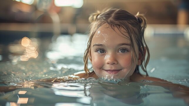 A joyful child swims in a sunny indoor pool, enjoying a playful moment with friends during summer break. Generative AI