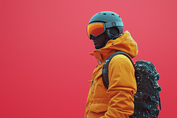 Man in winter clothes, glasses, helmet and backpack on pink background. Winter style poster. Winter sports concept. Minimalism. Copy space.