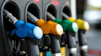 Different colored gasoline nozzles indicating various octane levels at a fuel station.