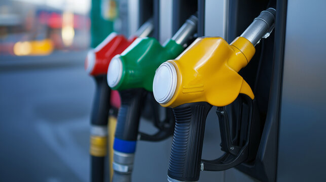Different colored gasoline nozzles indicating various octane levels at a fuel station.
