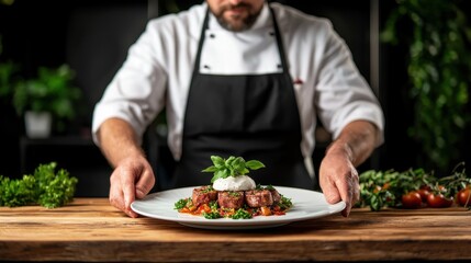 A chef presents a beautifully plated dish garnished with fresh herbs, showcasing culinary artistry in a vibrant kitchen setting.