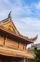 Decorated roof of the historic Lingyin Temple in Hangzhou, China
