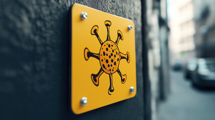 Close-up of a yellow warning sign with a virus symbol on a textured wall along a blurred urban street.
