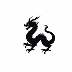 A black silhouette of a Chinese dragon with a long serpentine body, horns, and claws