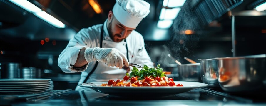 A chef meticulously garnishes a gourmet dish in a bustling kitchen, showcasing culinary skill and passion for cooking.