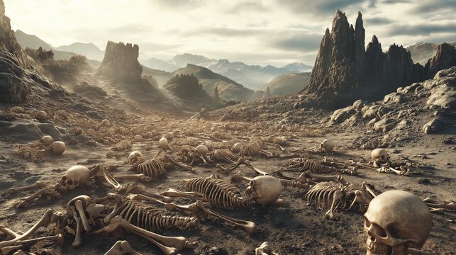 a prophet stands before a valley covered with dry, scattered bones.