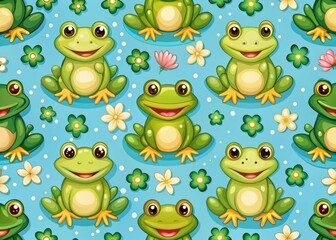 Fototapeta premium Cute Frog Seamless Pattern - Cartoon Animal Character Design for Backgrounds and Textiles