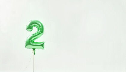 Green balloon in the form of number "2" on a white background. Concept 2 years, copy space.