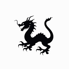 A black silhouette of a Chinese dragon with a long serpentine body, horns, and claws