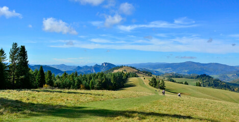 Panoramic view in Pieniny mountains on a warm and sunny autumn day, Szczawnica, Poland